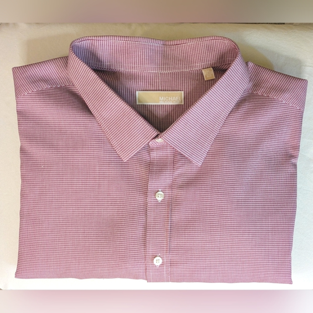 Michael Kors French Cuff Dress Shirt, 22 - 34/35, red/white houndstooth pattern